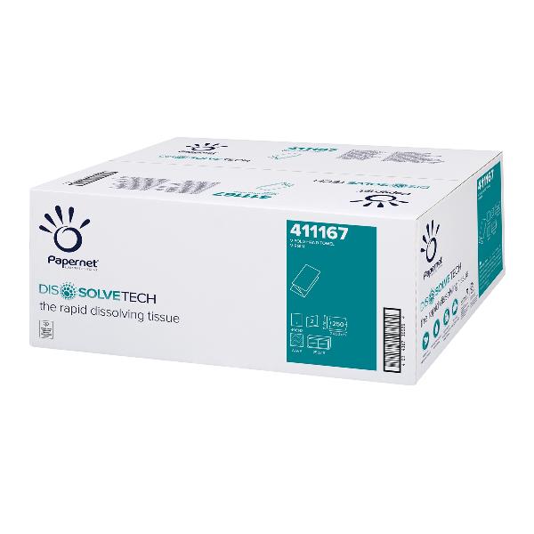 Asciugamani piegati a V Dissolve Tech - 2 veli - 20 gr - 24 x 21 cm - goffratura a onda - bianco - Papernet - conf. 250 pezzi