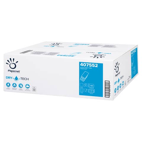 Asciugamani piegati a W Dry Tech - 2 veli - 18 gr - goffratura a onda - 20,3 x 32 cm - bianco - Papernet - conf. 100 pezzi