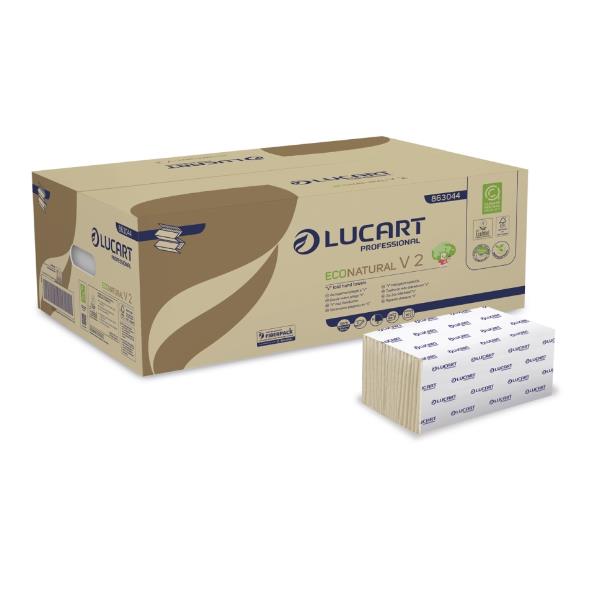 Asciugamani piegati a V EcoNatural - 2 veli - 19,5 gr - goffratura corda - 21 x 21 cm - avana - Lucart - conf. 190 pezzi