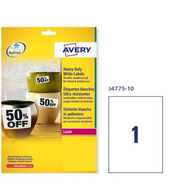 Etichetta in poliestere J4775 - adatta a stampanti inkjet - permanente - 210x297 mm - 1 etichette per foglio - bianco - Avery - conf. 10 fogli A4