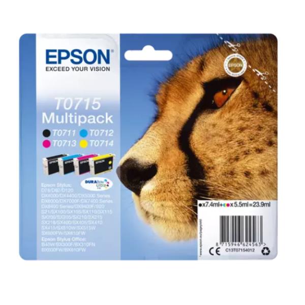 Epson T0715 Multipack - Confezione da 4 - 23.9 ml - nero, giallo, ciano, magenta - originale - blister con radiofrequenza / allarme acustico - cartuccia d'inchiostro - per Stylus DX9400, SX115, SX210, SX215, SX218, SX415, SX515, SX610; Stylus Office BX310, BX610