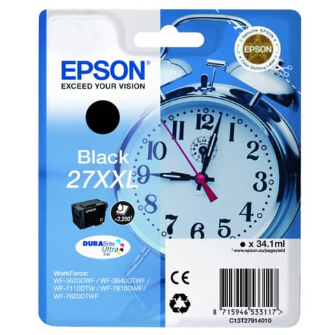 Epson 27XXL - 34.1 ml - XL - nero - originale - blister - cartuccia d'inchiostro - per WorkForce WF-3620, WF-3640, WF-7110, WF-7210, WF-7610, WF-7620, WF-7710, WF-7715, WF-7720