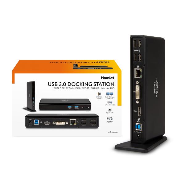 Hamlet HDOCKS300 Dual Display DVI+HDMI - 6 Port USB Hub - LAN - AUDIO - Docking station - USB - DVI, HDMI - GigE