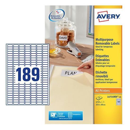 Avery - Adesivo rimovibile - 25.4 x 10 mm 4725 etichette (25 foglio(i) x 189) etichette