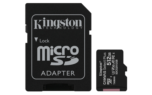 Kingston Canvas Select Plus - Scheda di memoria flash (adattatore da microSDXC a SD in dotazione) - 512 GB - A1 / Video Class V30 / UHS Class 3 / Class10 - UHS-I microSDXC