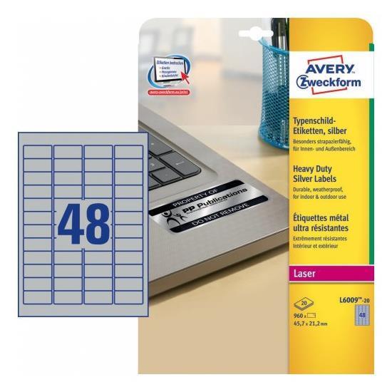 Avery Heavy Duty Laser Labels - Poliestere - argento - 45.7 x 21.2 mm 960 etichette (20 foglio(i) x 48) etichette
