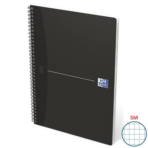 Oxford Office Smart Black - Taccuino - rilegatura a spirale - A4 - 90 fogli / 180 pagine - carta bianca - quadretti - copertina nera - cartone