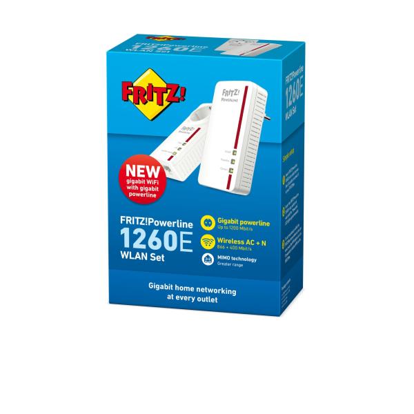 AVM FRITZ!Powerline 1260E - WLAN Set - kit adattatore powerline - GigE, HomePlug AV (HPAV) 2.0, IEEE 1901 - Wi-Fi 5 - Dual Band - collegabile a parete