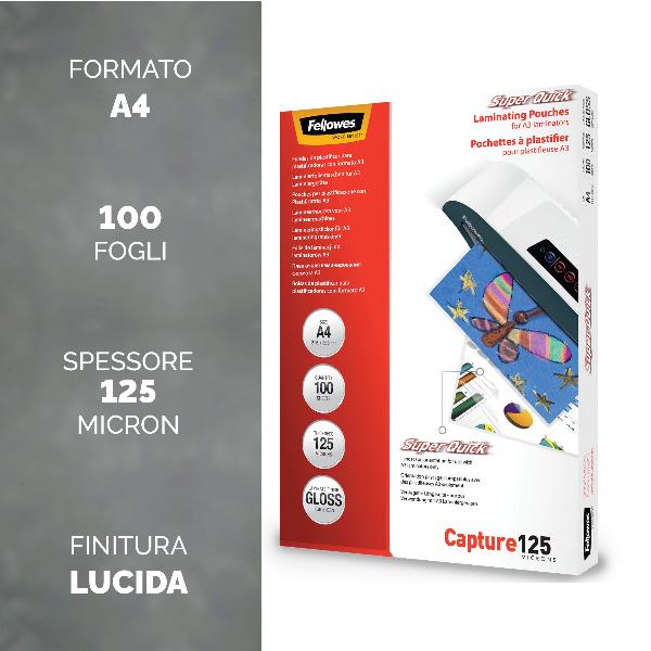 Fellowes Laminating Pouches SuperQuick Capture 125 micron - 125 micron - confezione da 100 - brillante - trasparente - A4 (210 x 297 mm) rivestimento di plastificazione