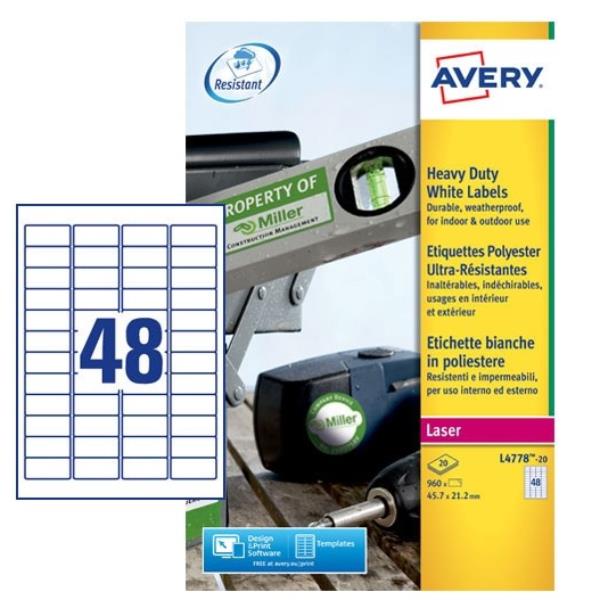 Avery Heavy Duty Laser Labels - Poliestere - bianco - 45.7 x 21.2 mm 960 etichette (20 foglio(i) x 48) etichette