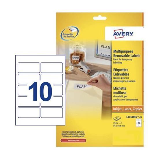 Avery L4744REV - Adesivo rimovibile - bianco - 50.8 x 96 mm 250 pezzi (25 foglio(i) x 10) etichette