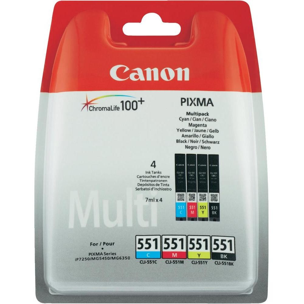 Canon CLI-551 C/M/Y/BK Multipack - Confezione da 4 - nero, giallo, ciano, magenta - originale - serbatoio inchiostro - per PIXMA iP8750, iX6850, MG5550, MG5650, MG5655, MG6450, MG6650, MG7150, MG7550, MX725, MX925