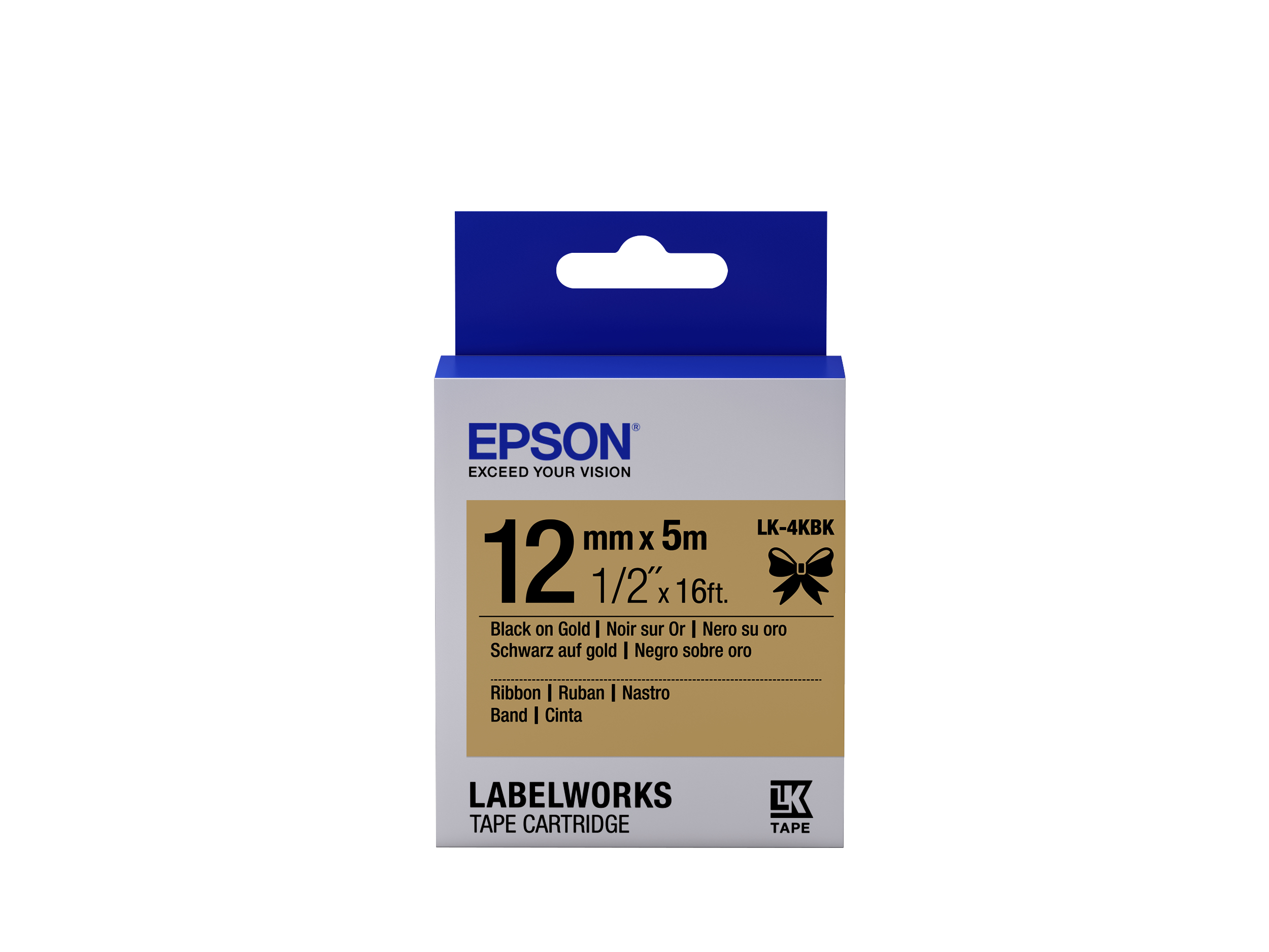 Epson LabelWorks LK-4KBK - Nero su oro - Rotolo (1,2 cm x 5 m) 1 cassetta(e) rotolo di etichette - per LabelWorks LW-1000, 300, 400, 600, 700, 900, K400, Z5000, Z5010, Z700, Z710, Z900
