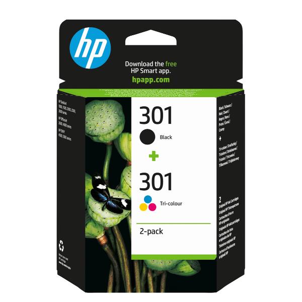 HP 301 - Confezione da 2 - nero, colore (ciano, magenta, giallo) - originale - cartuccia d'inchiostro - per Deskjet 1050A J410, 1051A J410, 10XX, 10XX J410, 15XX, 2000, 2050 J510, 2050A J510, 2054A J510, 25XX, 3000, 3050 J610, 3050A J611, 3052A J611, 3054A J611, 3055A J611, 3057A J611, 3059A J611, 3510; Envy 450X, 553X; Officejet 26XX, 46XX