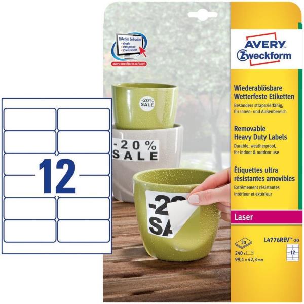 Avery Zweckform L4773REV - Poliestere - Opaca - autoadesivo rimovibile - bianco - 63.5 x 33.9 mm 480 etichette (20 foglio(i) x 24) Etichette pellicola