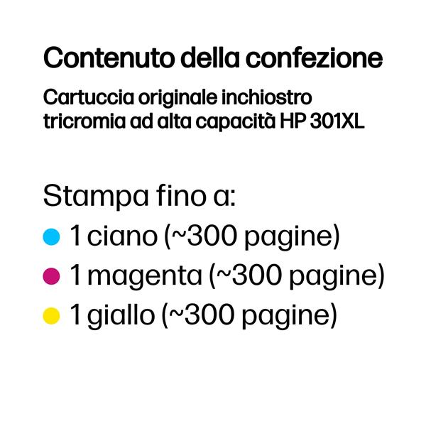 HP 301XL - 6 ml - Alta resa - colore (ciano, magenta, giallo) - originale - cartuccia d'inchiostro - per Deskjet 1050A J410, 1051A J410, 10XX, 10XX J410, 15XX, 2000, 2050 J510, 2050A J510, 2054A J510, 25XX, 3000, 3050 J610, 3050A J611, 3052A J611, 3054A J611, 3055A J611, 3057A J611, 3059A J611, 3510; Envy 450X, 553X; Officejet 26XX, 46XX