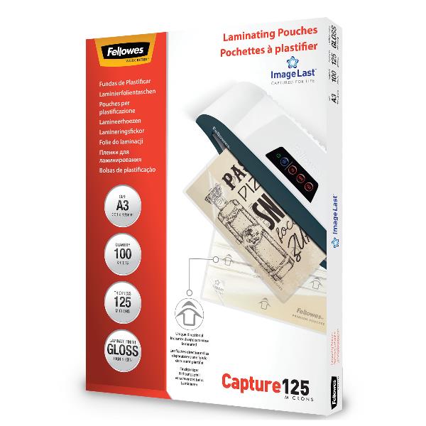 Fellowes Laminating Pouches Capture 125 micron - 125 micron - confezione da 100 - brillante - trasparente - A3 (297 x 420 mm) rivestimento di plastificazione