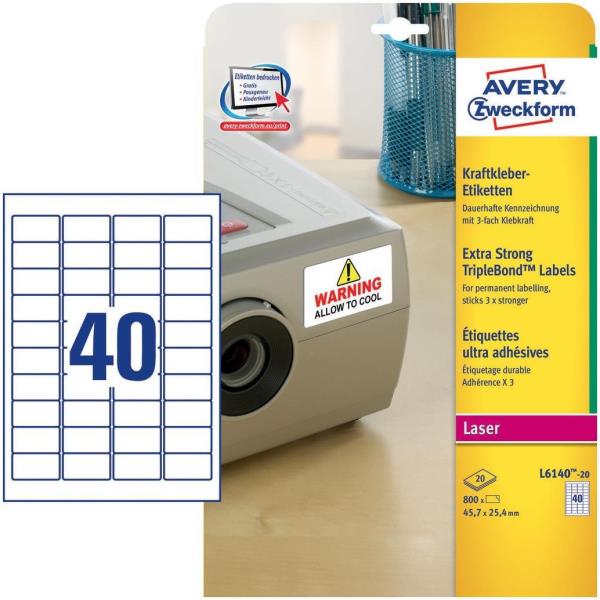 Avery TripleBond Labels L6140 - Adesivo permanente - bianco - 25.4 x 45.7 mm 800 etichette (20 foglio(i) x 40) etichette
