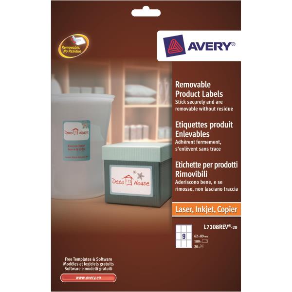 Avery Zweckform L7108REV-20 - Adesivo rimovibile - bianco - 62 x 89 mm 180 etichette (20 foglio(i) x 9) etichette