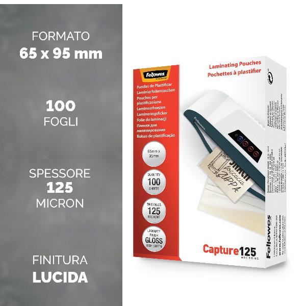 Fellowes Laminating Pouches Capture 125 micron - 64 x 95 mm rivestimento di plastificazione
