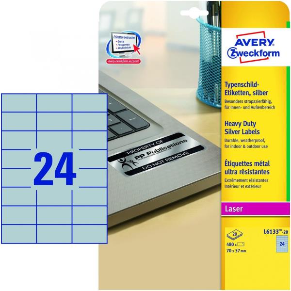 Avery - Poliestere - adesivo permanente - argento opaco - 70 x 37 mm 480 etichette (20 foglio(i) x 24) etichette di denominazione
