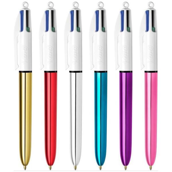BIC 4 Colours Shine - Penna a sfera a 4 colori - nero, rosso, blu, verde - 1 mm - medio - retrattile (pacchetto di 12)