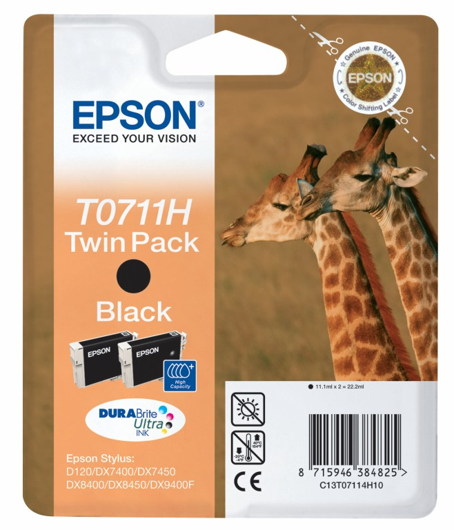 Epson T0711 Twin Pack - Confezione da 2 - alta capienza - nero - originale - blister con radiofrequenza / allarme acustico - cartuccia d'inchiostro - per Stylus SX210, SX215, SX410, SX415, SX510, SX515, SX610; Stylus Office B1100, BX310, BX610