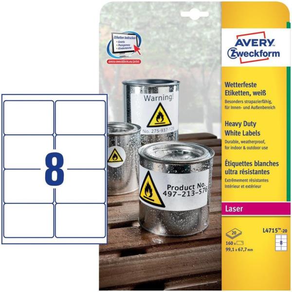Avery Heavy Duty Laser Labels - Poliestere - autoadesivo permanente - bianco - 99.1 x 67.7 mm 160 etichette (20 foglio(i) x 8) pellicola