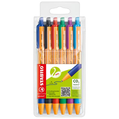 STABILO pointball - Penna a sfera - nero, rosso, blu, verde, turchese, lilla - 0.5 mm - medio - retrattile (pacchetto di 6)