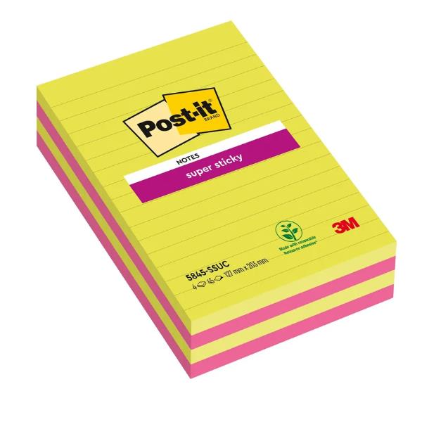 Blocco foglietti Post-it Super Sticky rettangolari - 5845-4SSUC - a righe - 127 x 203 mm - colori Ultra - 45 fogli - Post-it