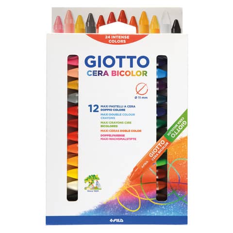 GIOTTO Cera Maxi Bicolor - Pennarello a doppia punta - cera - per tessuto, superficie non porosa - colori assortiti (pacchetto di 12)
