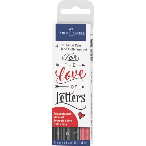 Faber-Castell PITT Artist Pen Handlettering - Pennello penna, penna con punta in fibra ottica e set di finissaggi - permanente - colori assortiti - nero indiano (pacchetto di 4)