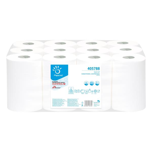 Asciugamani in rotolo Centrefeed - 215 mm x 69 mt - diametro 14,5 cm - 2 veli - 17 gr - 189 strappi - goffratura micro - bianco - Pa pernet