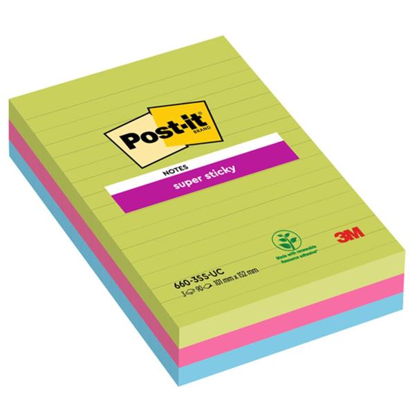 Blocco foglietti Post-it Super Sticky rettangolari - 660-3SSUC - a righe - 101 x 152 mm - colori Ultra - 90 fogli - Post-it