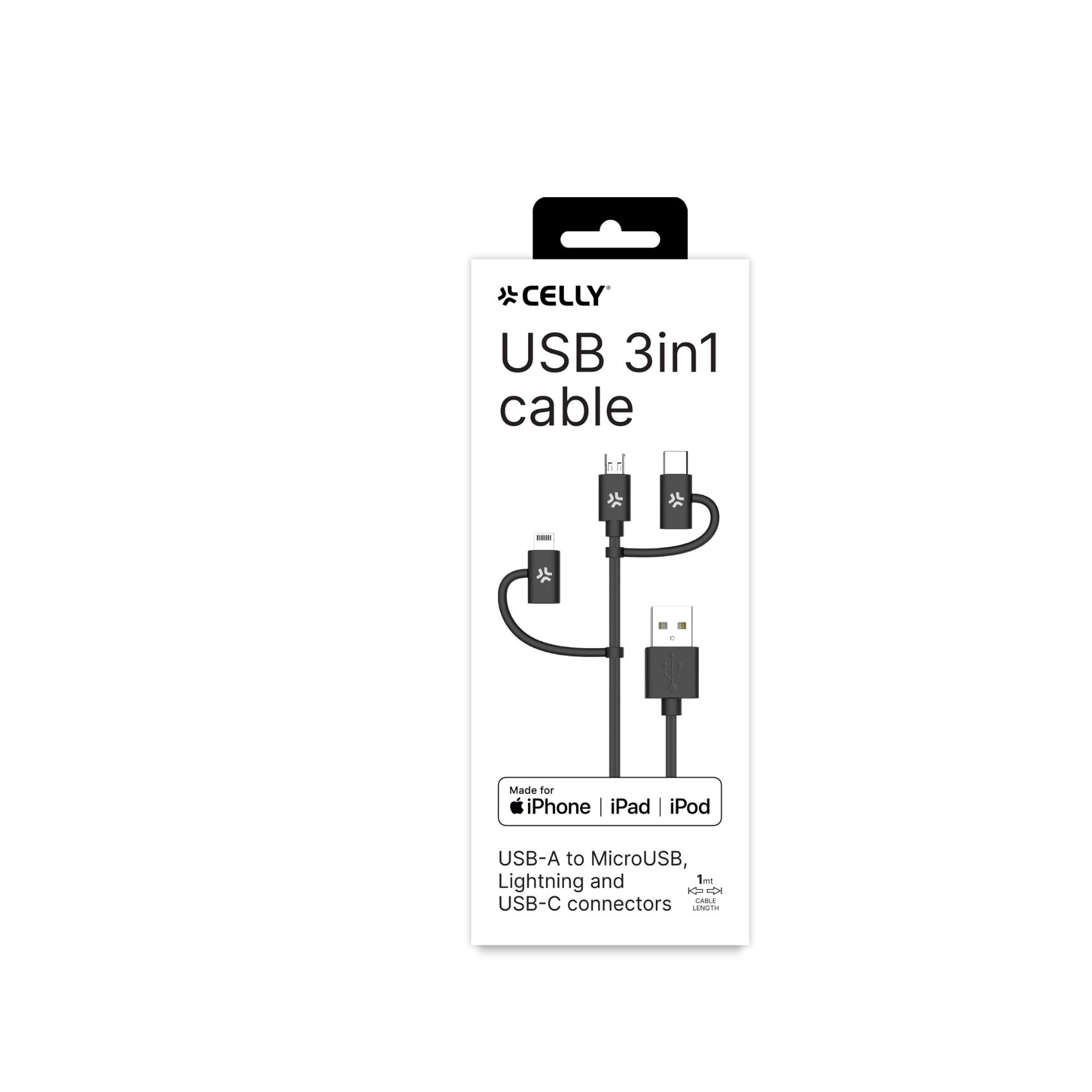 Celly - Cavo USB - USB (M) a Micro-USB Tipo B, Lightning, USB-C (M) - 2.4 A - 1 m - nero