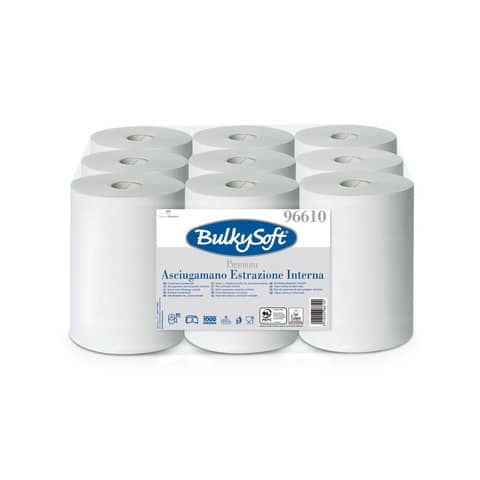 Asciugamani in rotolo Premium - Mini - 215 mm x 60 mt - diametro 13 cm - 2 veli - 19 gr - 200 strappi - goffratura micro - bianco - BulkySoft