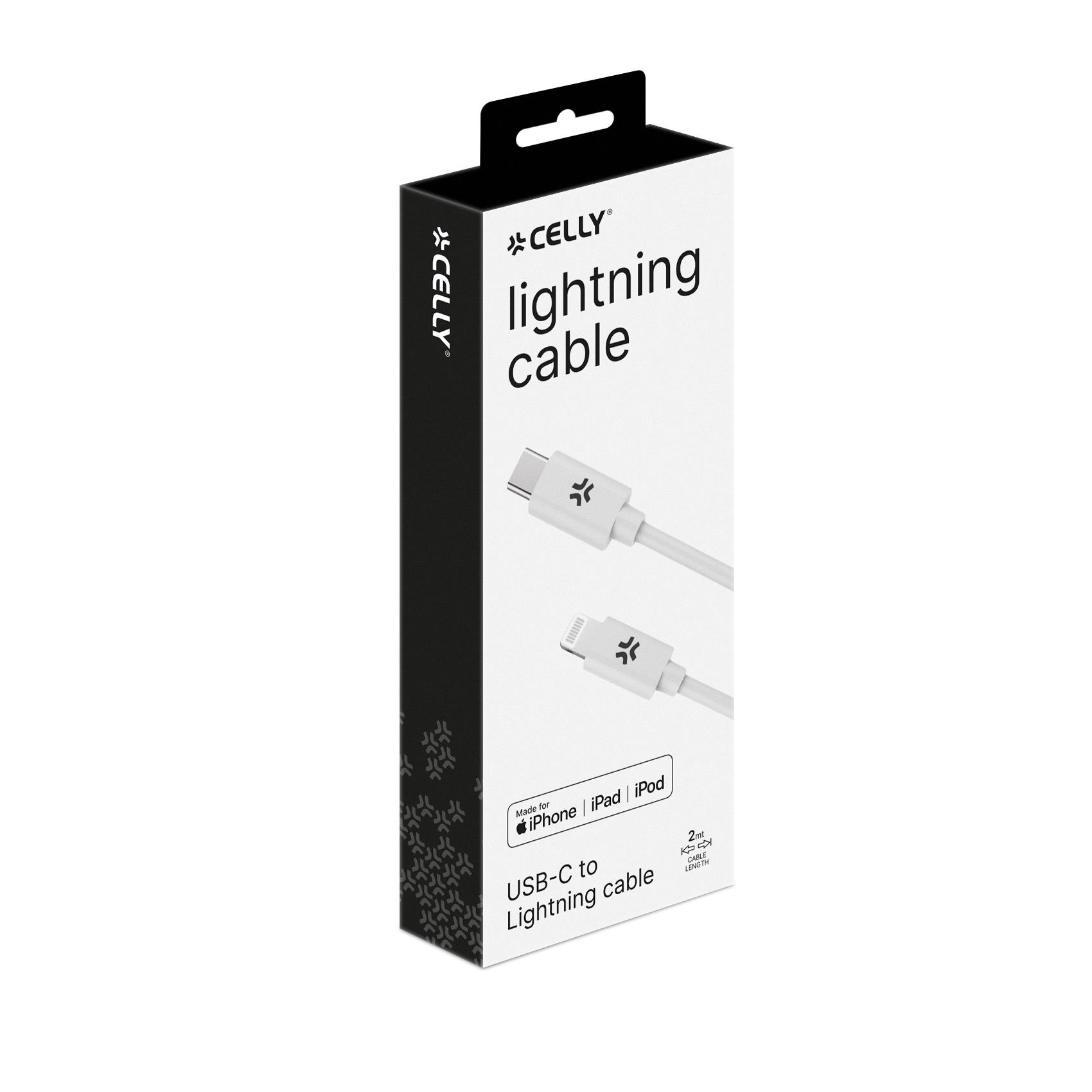 Celly - Cavo Lightning - USB-C maschio a Lightning maschio - 2 m - bianco - Supporto per l'erogazione di energia elettrica - per Apple iPad/iPhone/iPod (Lightning)