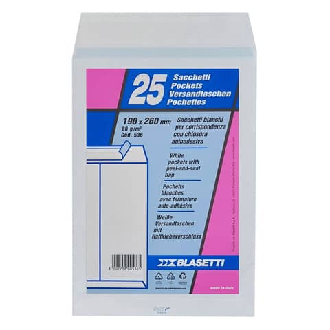 Busta a sacco Mailpack - strip adesivo - 19 x 26 cm - 80 gr - bianco - Blasetti - conf. 25 pezzi