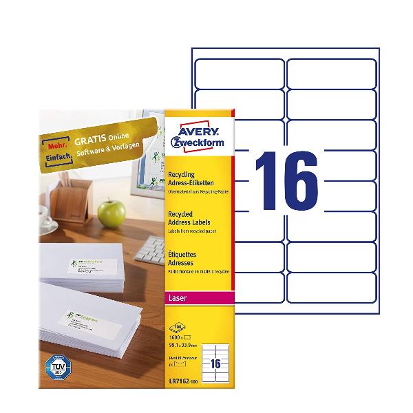 Avery QuickPEEL Recycled Labels - Adesivo permanente - bianco naturale - 33.9 x 99.1 mm 1600 etichette (100 foglio(i) x 16) Etichette per indirizzi