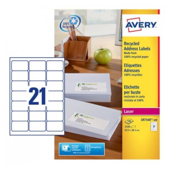 Avery QuickPEEL Recycled Labels - Bianco naturale - 38.1 x 63.5 mm 2100 etichette (100 foglio(i) x 21) Etichette per indirizzi