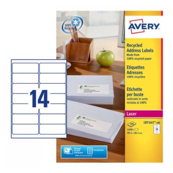 Avery QuickPEEL Recycled Labels - Adesivo permanente - bianco naturale - 38.1 x 99.1 mm 1400 etichette (100 foglio(i) x 14) Etichette per indirizzi