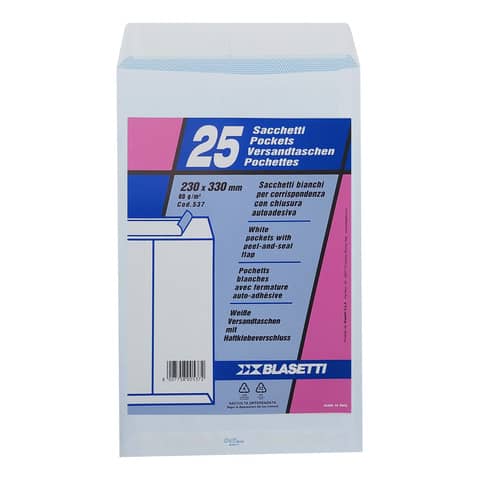 Busta a sacco Mailpack - strip adesivo - 23 x 33 cm - 80 gr - bianco - Blasetti - conf. 25 pezzi
