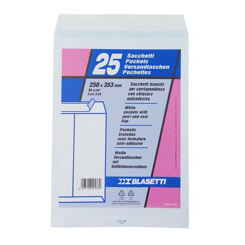 Busta a sacco Mailpack - strip adesivo - 25 x 35,3 cm - 80 gr - bianco - Blasetti - conf. 25 pezzi