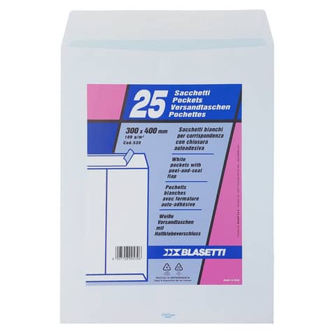 Busta a sacco Mailpack - strip adesivo - 30 x 40 cm - 100 gr - bianco - Blasetti - conf. 25 pezzi
