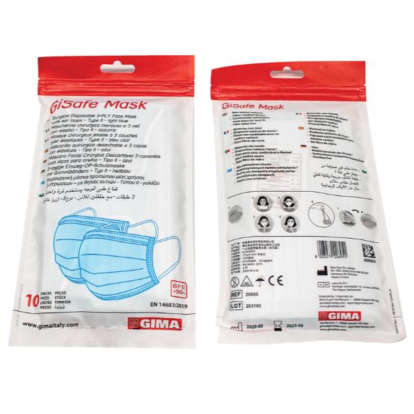 GIMA GISAFE - Maschera chirurgica - usa e getta - tessuto non tessuto - blu chiaro - Classe 1 (pacchetto di 10)