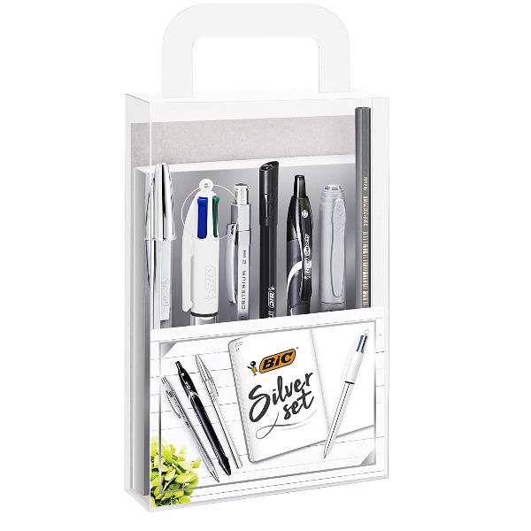 BIC Silver Set - Penna a sfera a 4 colori, penna a sfera, penna a punta in fibra, evidenziatore, penna roller, matita meccanica e set di matite - 7 pezzi