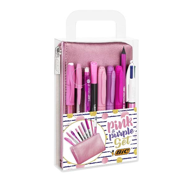 BIC Pink & Purple Set - Penna a sfera a 4 colori, penna a sfera, fineliner, evidenziatore, matita meccanica, matita e set di penne rollerball
