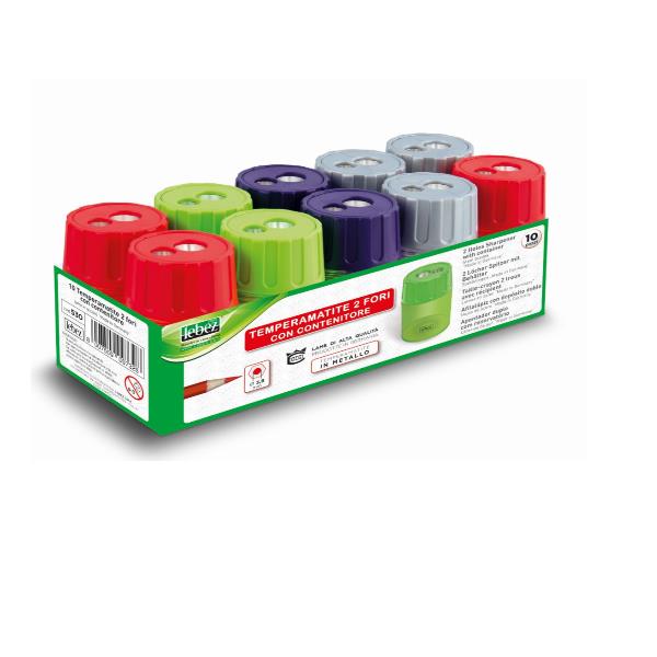 Lebez - Temperino con contenitore - 2 fori - assortiti (pacchetto di 10)