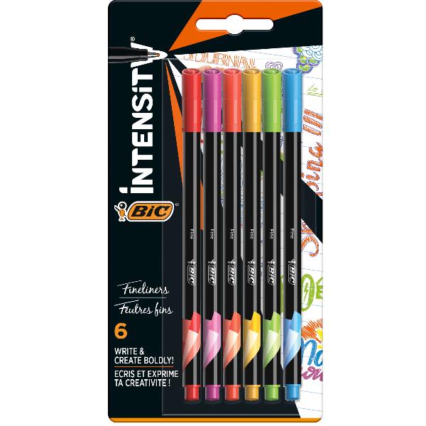 BIC Intensity Rainbow - Penna a punta sottile - inchiostro base acqua - 0.4 mm - fine (pacchetto di 6)