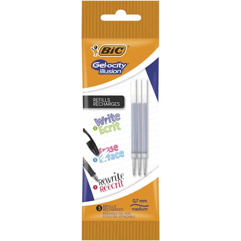Refill a sfera gel cancellabile Gelocity Illusion - punta 0,7 mm - nero - Bic - conf. 3 pezzi